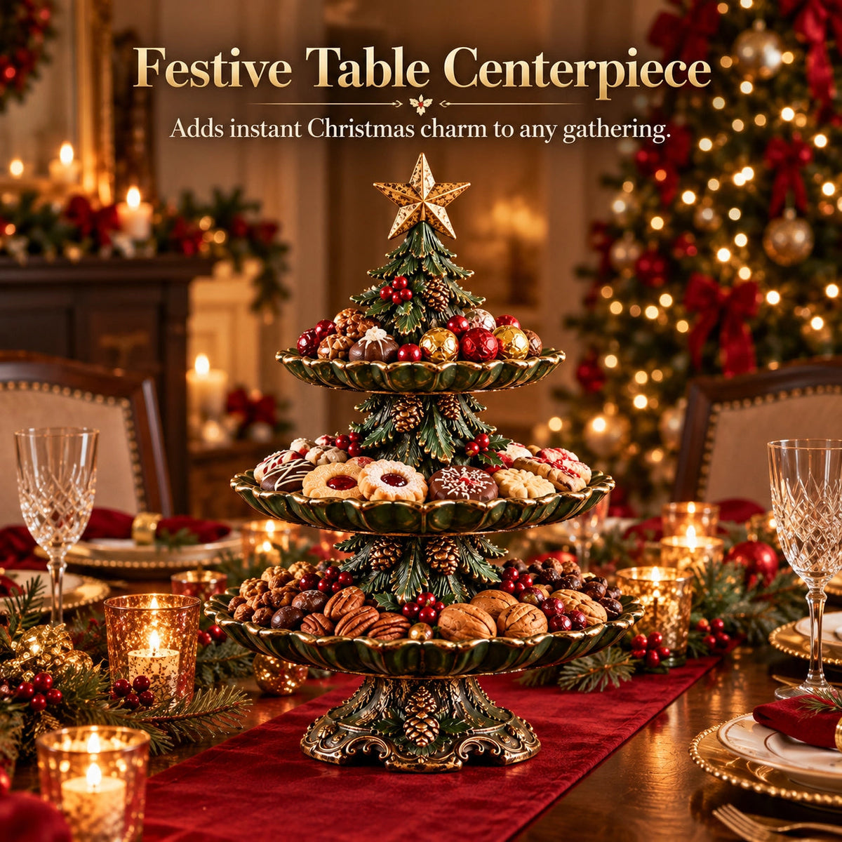 🎄 Vintage Christmas Tree 3-Tier Serving Stand