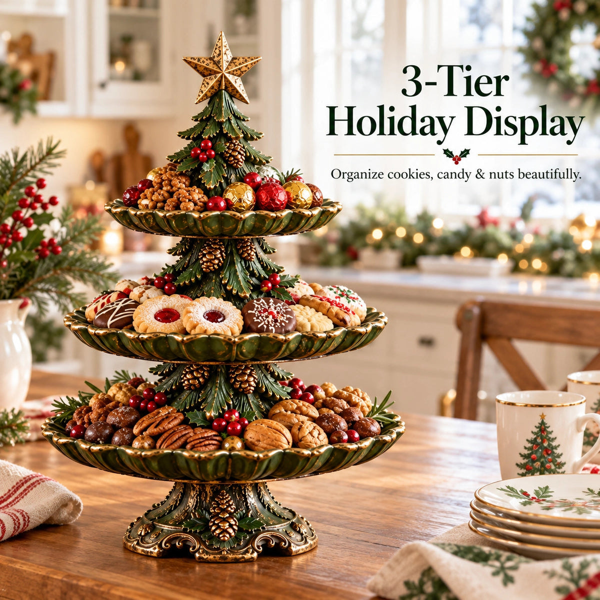 🎄 Vintage Christmas Tree 3-Tier Serving Stand